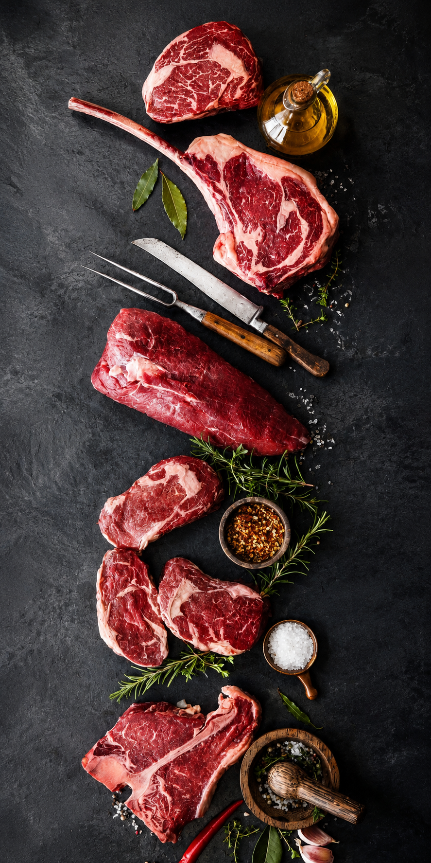 Premium raw beef cuts arranged with herbs and butcher tools