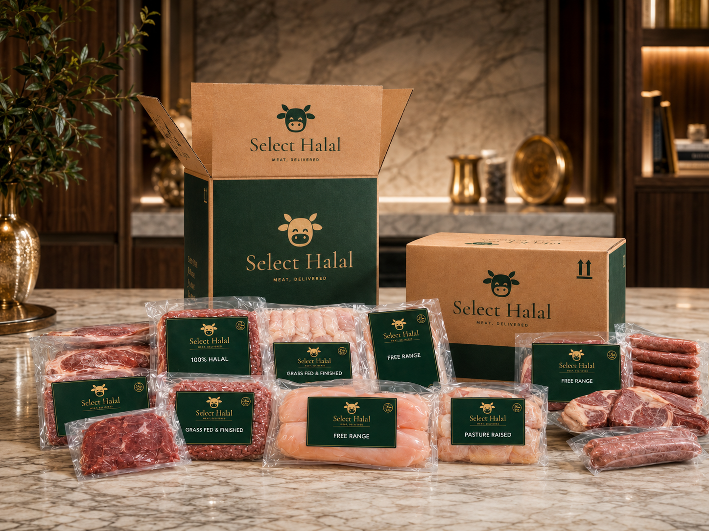 Select Halal delivery boxes and vacuum-sealed meat packs